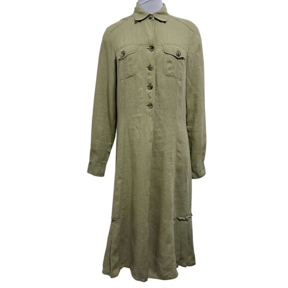 Weekend Max Mara Linen Lagenlook Olive Green Shirt Midi Dress Size 10 - Picture 1 of 16